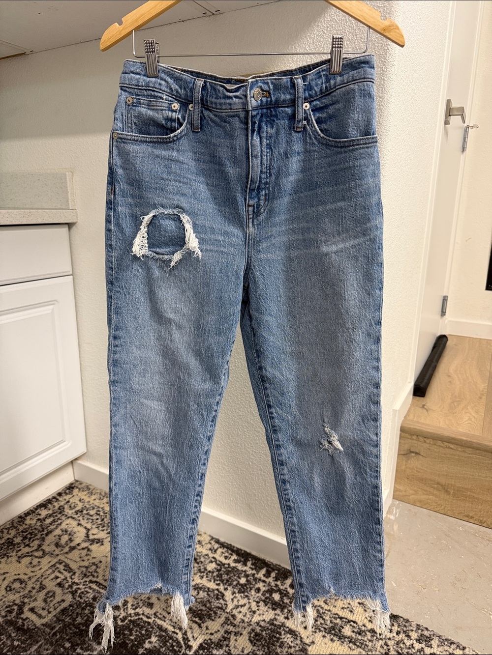 Women's Blue Distressed Straight-Leg Jeans